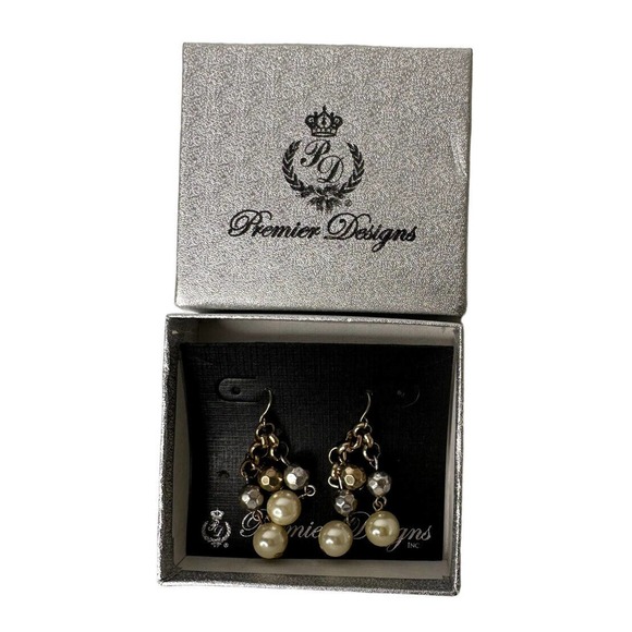 NEW Premier Designs Wow Factor Gold Silver Plated Faux Pearl Dangle Earrings 2" - Picture 2 of 6